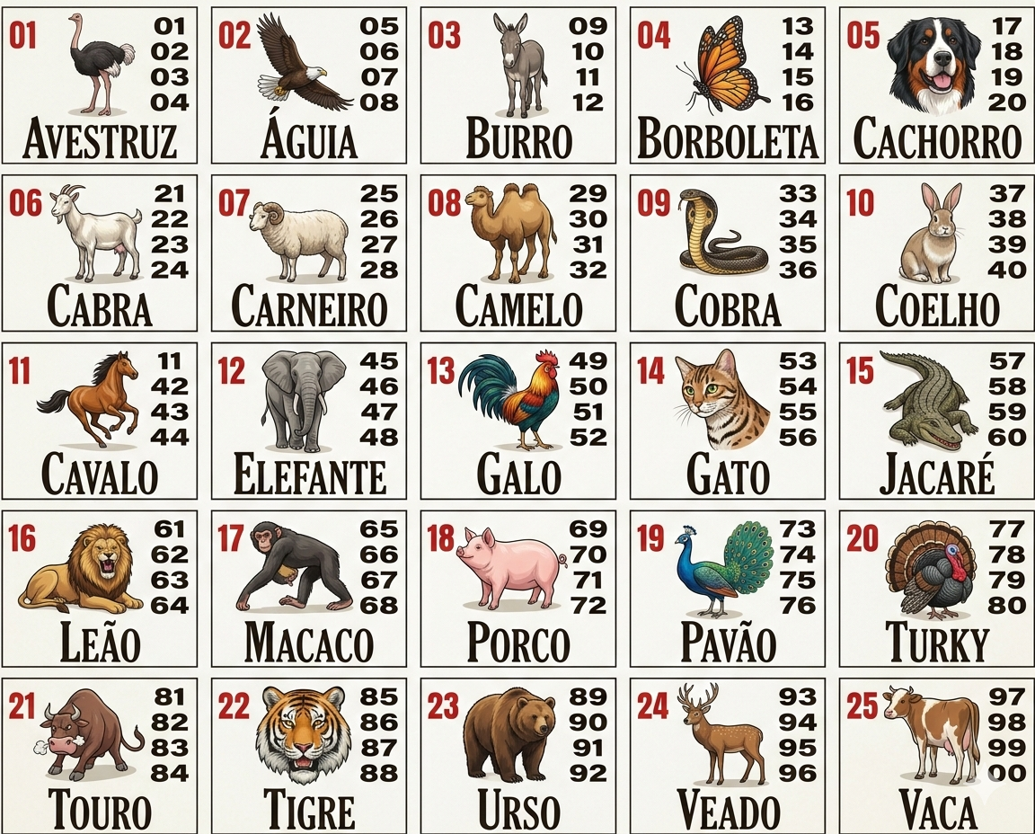 Tabela dos 25 bichos do jogo do bicho com seus respectivos números